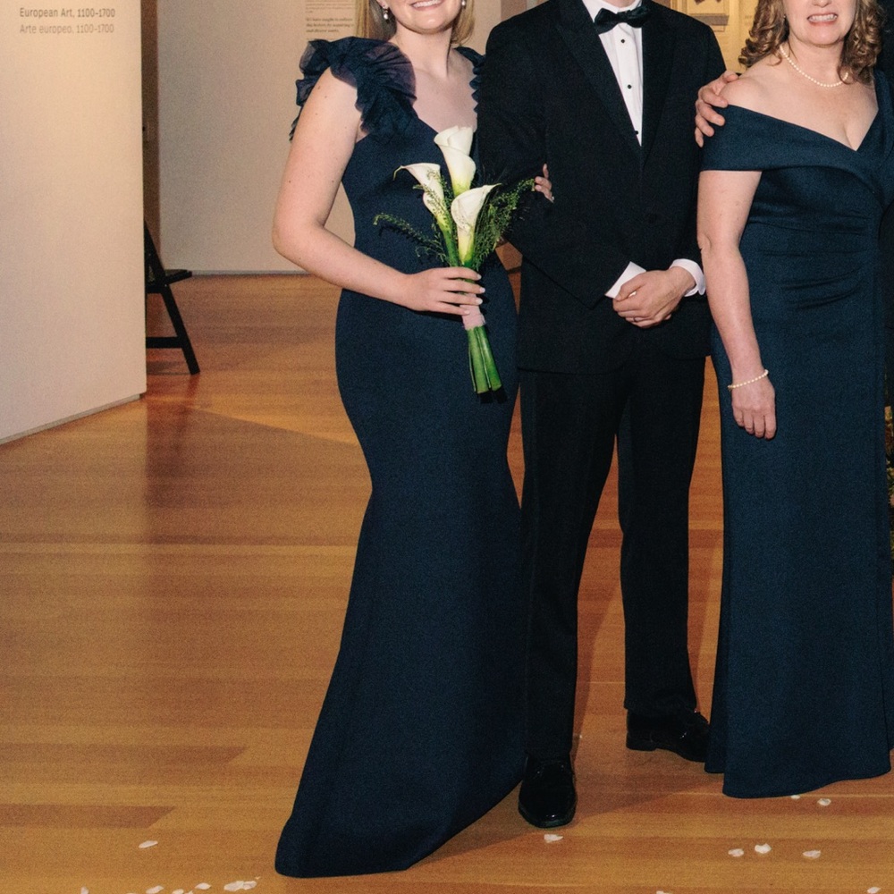 Eliza J Navy Blue V-Neck Ruffle Sleeve Scuba Gown